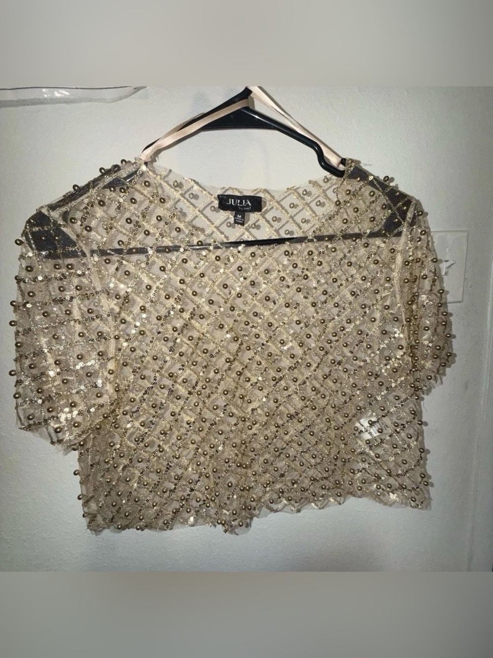 Julia Mesh Beaded Gold Sequin Short Sleeve Top In Size Medium